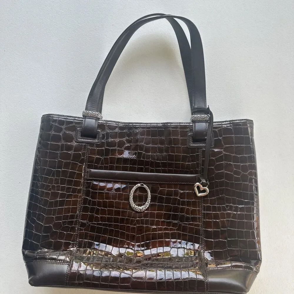 Brighton Brown Embossed Croc Patent Leather Shoulder Tote Hand Bag 18X13